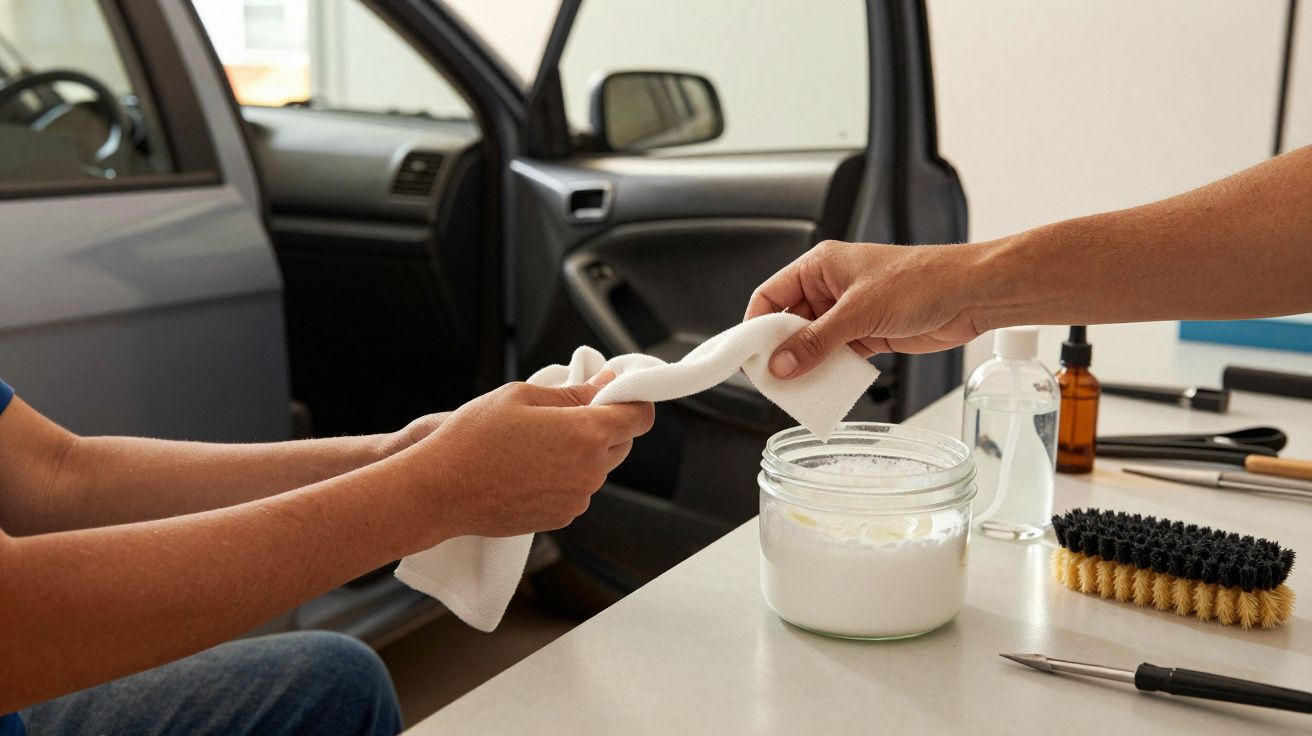Duas pessoas limpam o interior de um carro com pano branco e produtos de limpeza sobre a mesa.