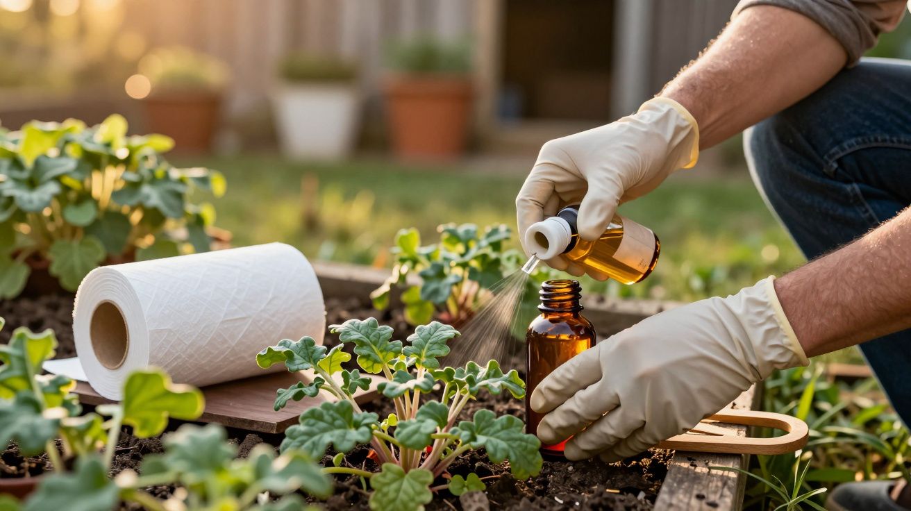 Pessoa com luvas adiciona líquido a frasco, junto a hortaliças num jardim sob luz solar.