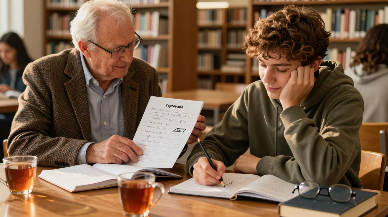 Professor mostra teste reprovado a jovem pensativo numa biblioteca, ambos sentados à mesa com chá e livros.