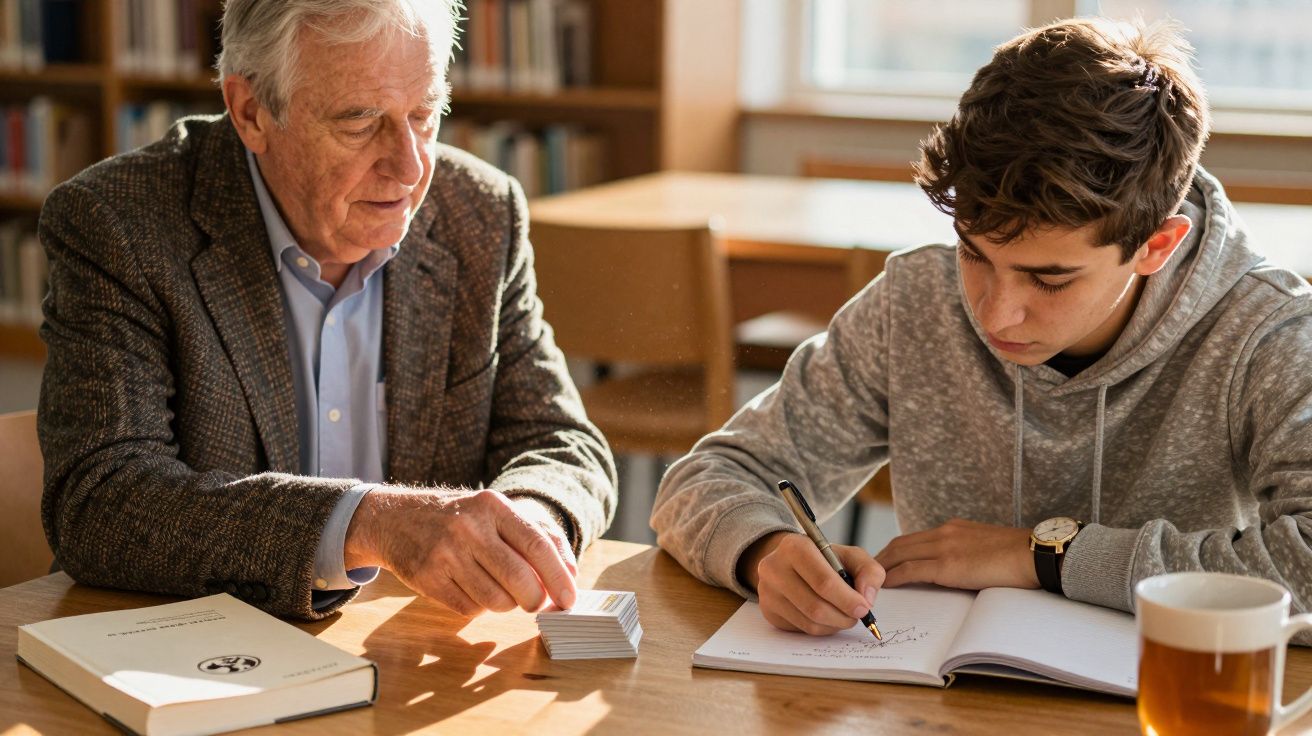 Homem idoso e jovem estudando juntos numa mesa, com livros e chá, numa biblioteca iluminada.