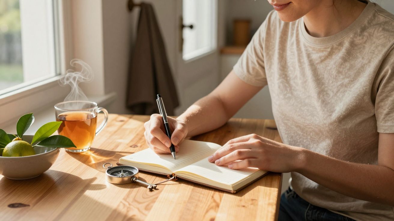 Pessoa escreve num caderno à mesa de madeira, com chá quente e uma maçã ao lado, iluminada pela luz da janela.