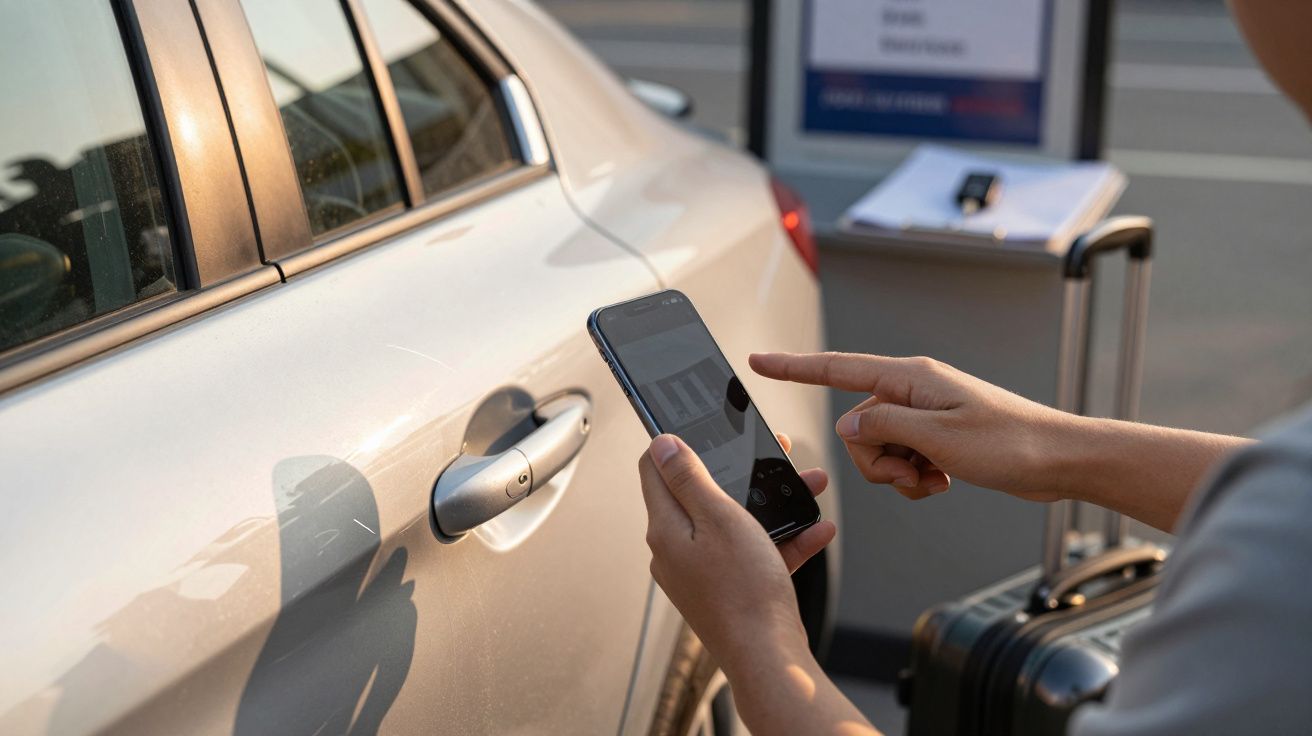 Pessoa usa smartphone ao lado de um carro prateado estacionado com mala ao lado.