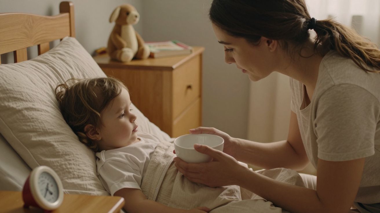 Mulher cuida de criança doente na cama, segurando uma tigela, quarto com decoração simples ao fundo.
