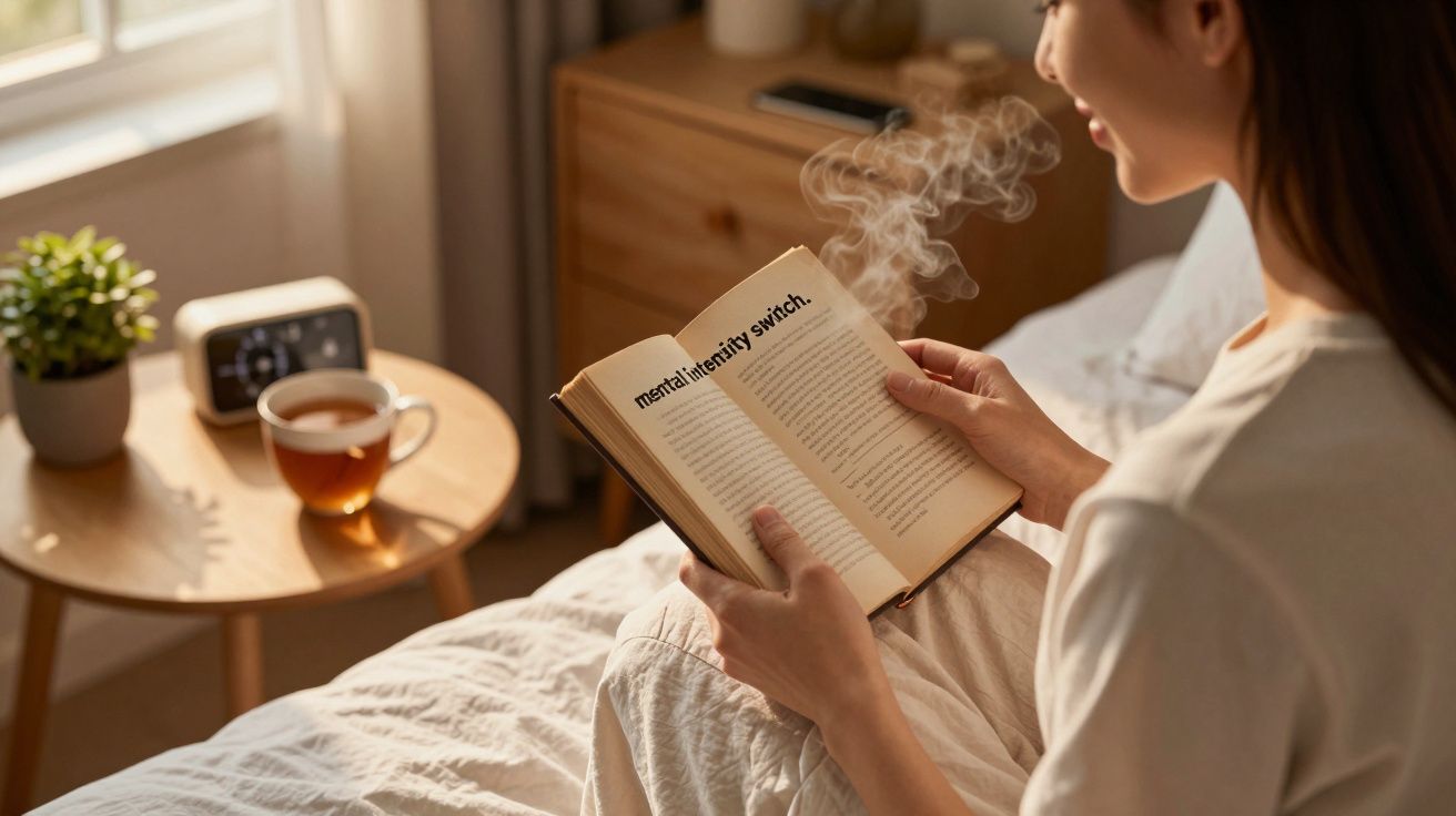 Mulher sentada na cama lê livro com chá numa mesa ao lado.