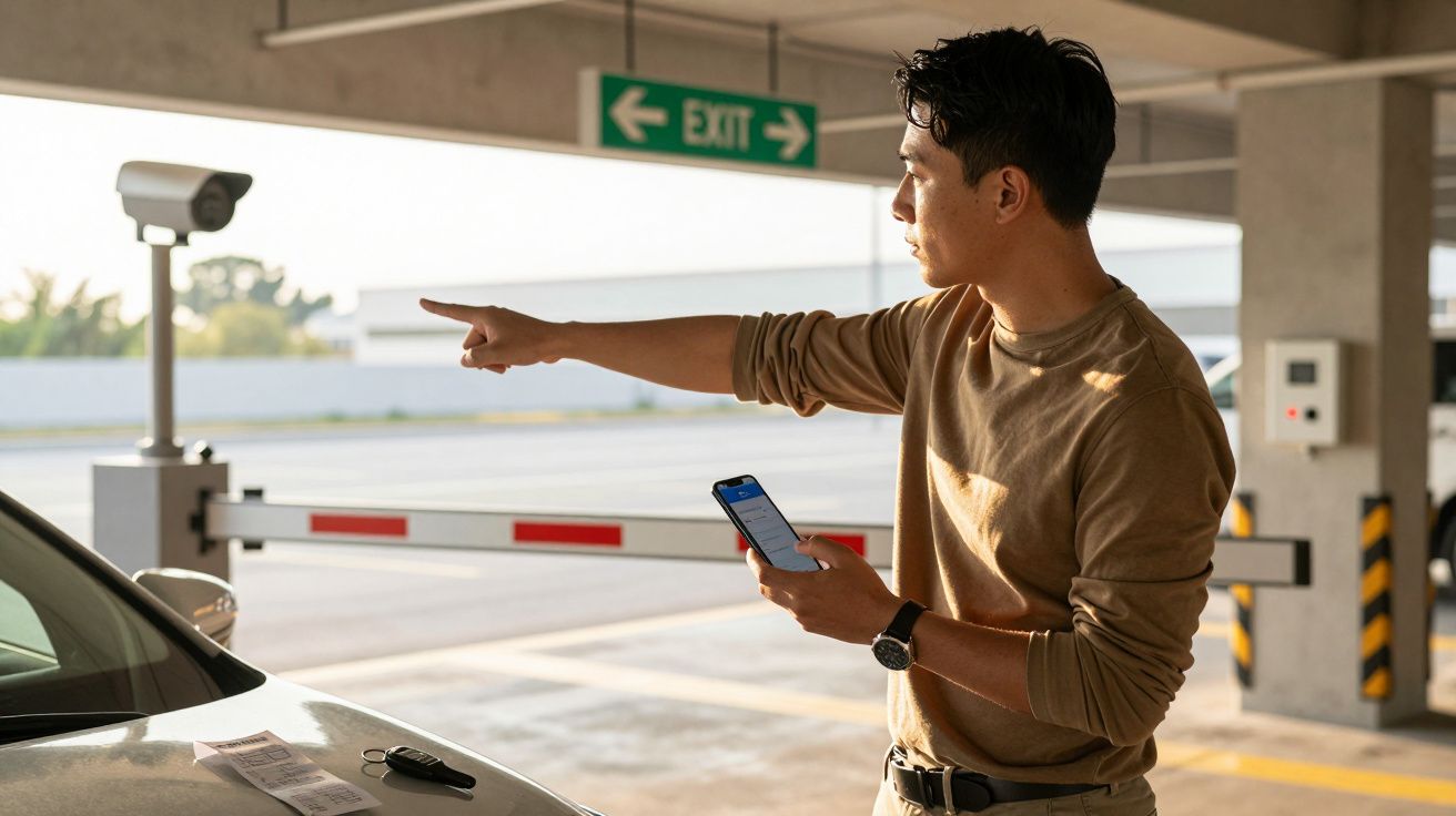 Homem num parque de estacionamento aponta em frente enquanto segura um telemóvel e um bilhete ao lado de um carro.