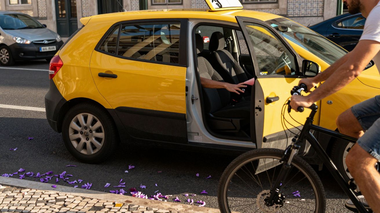 Biciclista passa por táxi amarelo com porta aberta enquanto uma mão se estende de dentro, pétalas roxas no chão.