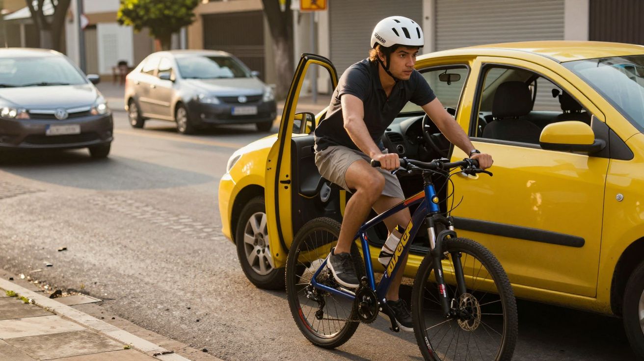 Ciclista de capacete passa ao lado de um carro amarelo com a porta aberta numa rua movimentada.