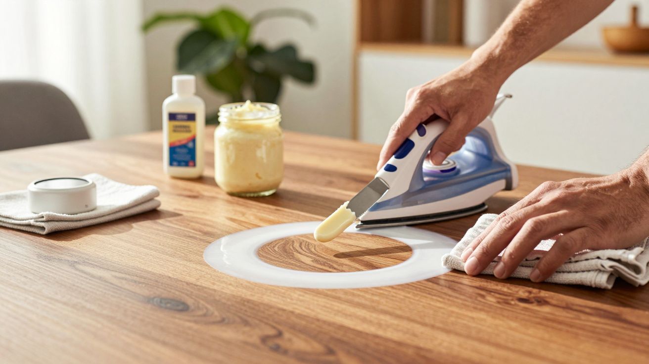 Mão passando cera de manteiga em mancha de queimadura circular numa mesa de madeira, usando ferro de engomar.