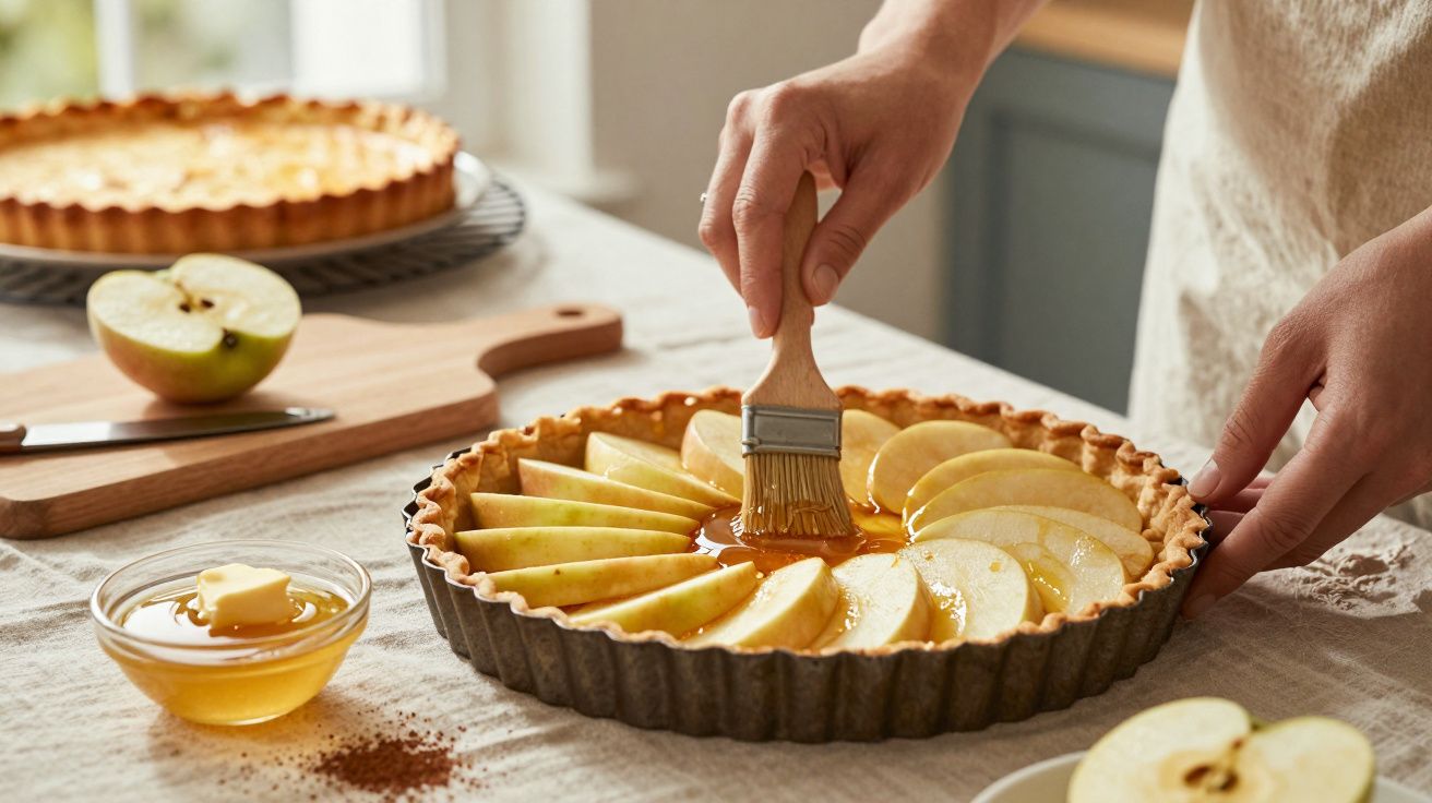 Mãos aplicam mel sobre uma tarte de maçã caseira, numa cozinha iluminada por luz natural.