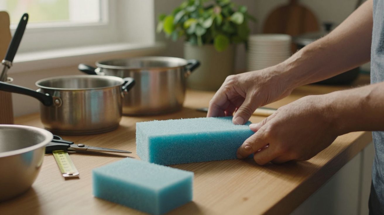 Pessoa a cortar uma esponja azul na cozinha, com panelas no fundo e planta à janela.