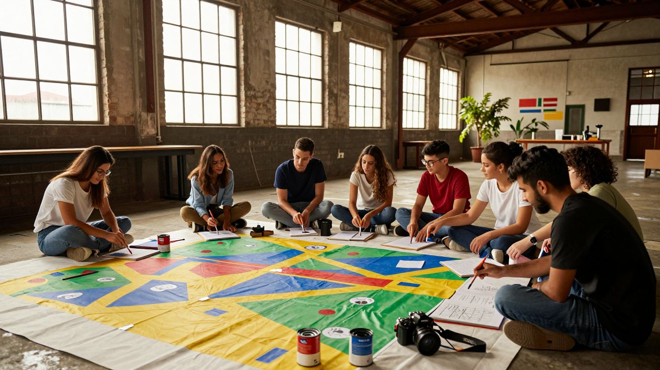 Grupo de jovens sentados no chão a pintar um mural colorido em papel, num espaço industrial com luz natural.