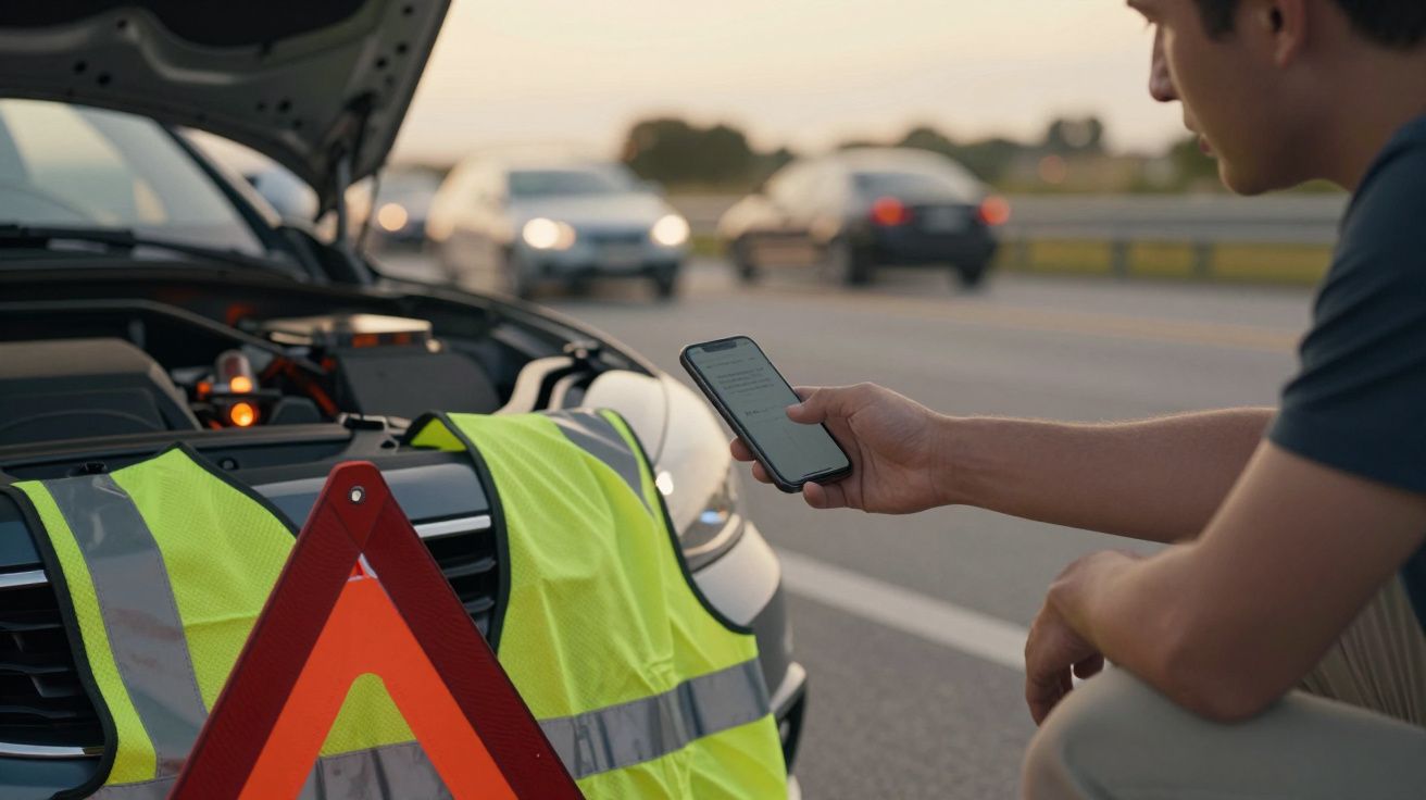 Homem verifica telemóvel ao lado de carro avariado com capô aberto e triângulo de sinalização na estrada.