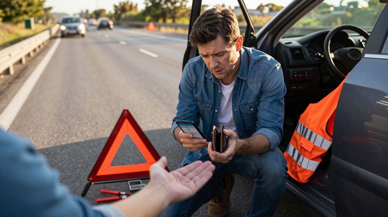 Homem junto a um carro avariado na estrada a usar o telemóvel, com um triângulo de sinalização e colete refletor.