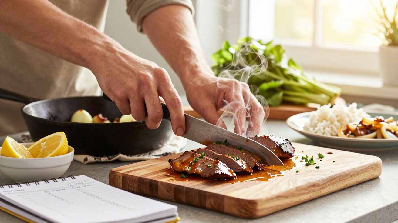 Pessoa a fatiar carne grelhada fumegante numa tábua de madeira, com arroz e vegetais ao fundo.