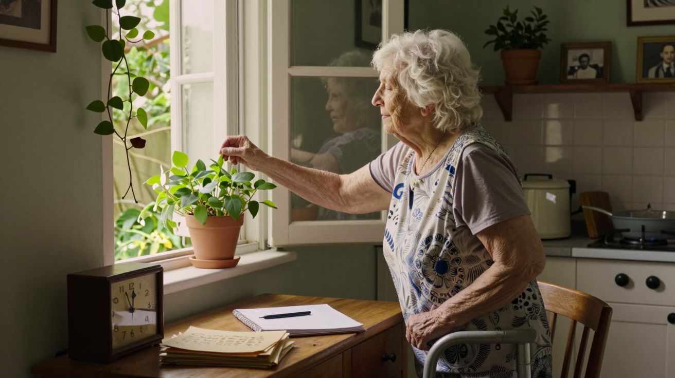 Idosa rega planta à janela, com bloco de notas ao lado, numa cozinha iluminada.