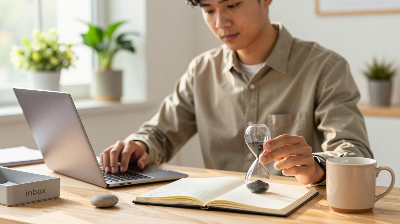 Homem a trabalhar num portátil, segurando uma ampulheta numa mão, com um caderno e uma chávena sobre a mesa.