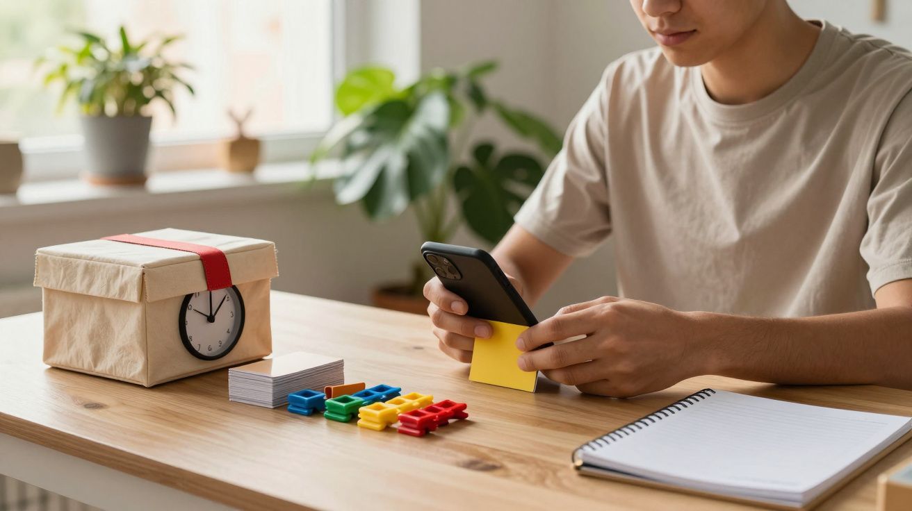 Pessoa sentada à mesa com telemóvel, bloco de notas, relógio numa caixa e peças coloridas de construção.