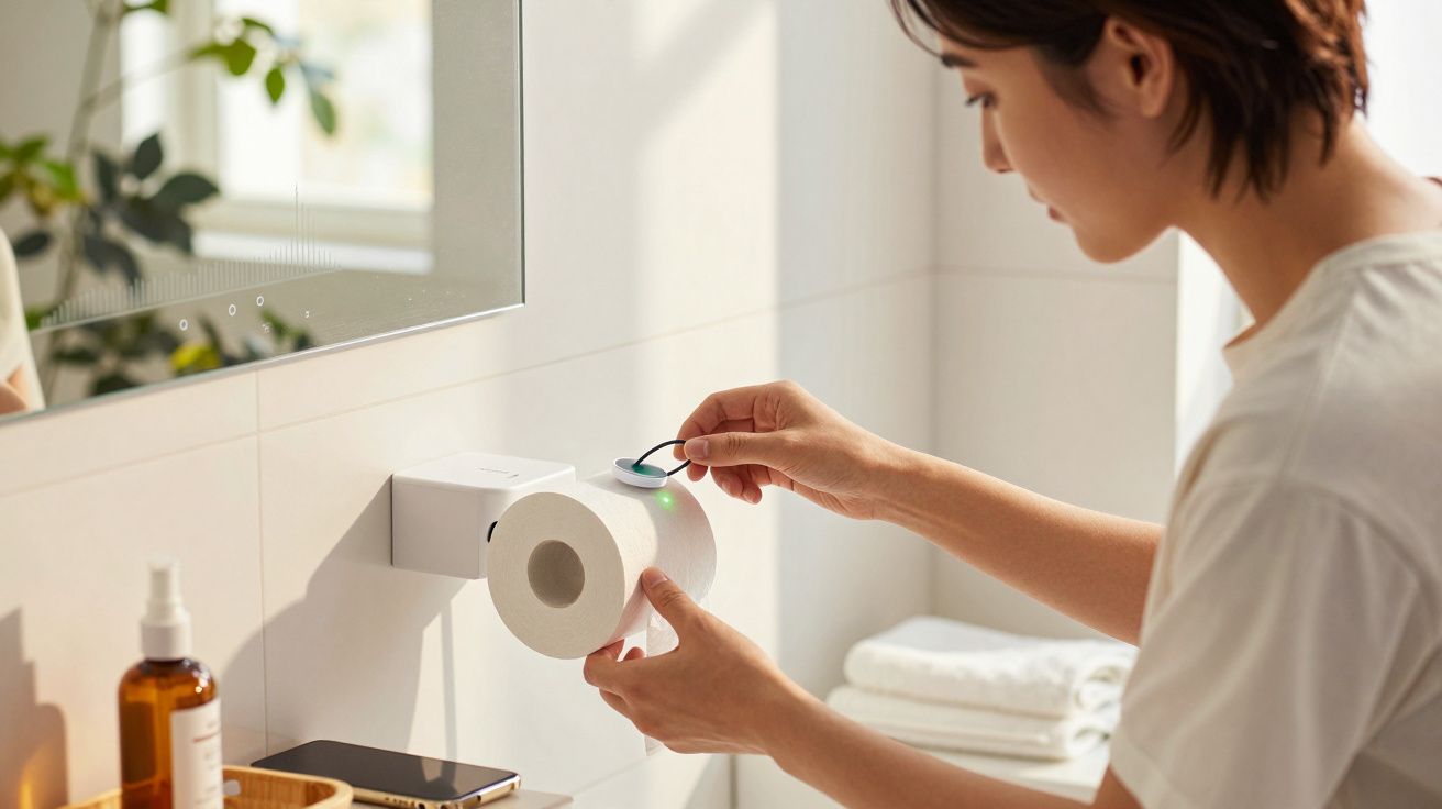 Mulher ajusta suporte moderno para papel higiénico em casa de banho bem iluminada.