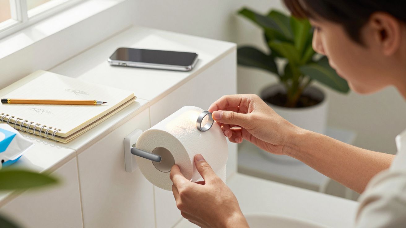 Pessoa colocando um sensor num rolo de papel higiénico em casa de banho, com caderno e telemóvel na bancada ao lado.