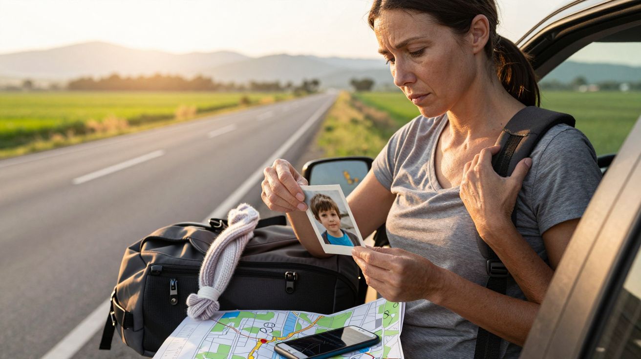 Mulher ao lado de um carro numa estrada, segurando foto de uma criança, com mapa e mochila sobre o capô.