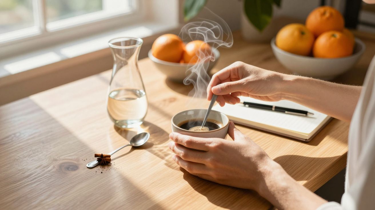 Mãos segurando chávena de café fumegante, com taça de laranjas, jarro de água e bloco de notas sobre a mesa de madeira.