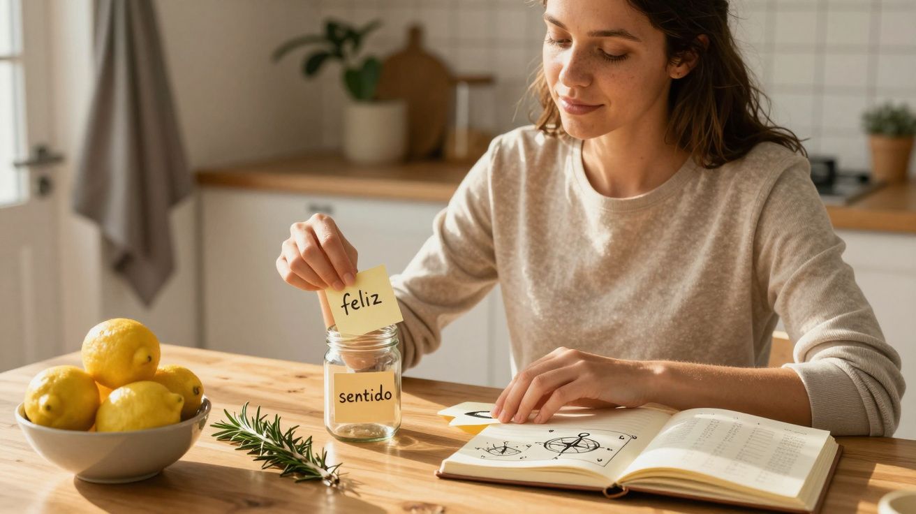 Mulher sentada à mesa com jarro, notas "feliz" e "sentido", limões numa tigela e caderno aberto.