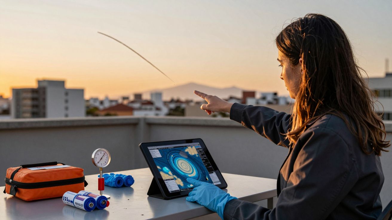 Mulher com luva azul num terraço, interagindo com tablet mostrando espiral, ao lado de caixa laranja e medidor de pressão.