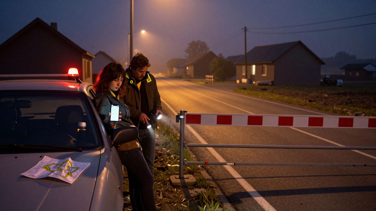 Mulher e homem junto a carro da polícia em estrada fechada, observando mapas e dispositivo eletrónico à noite.