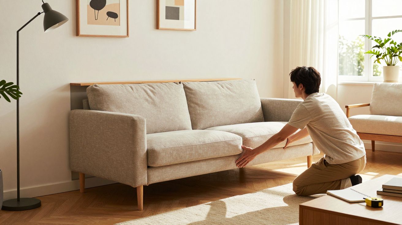 Pessoa ajustando um sofá bege numa sala iluminada, com quadros e plantas ao fundo.