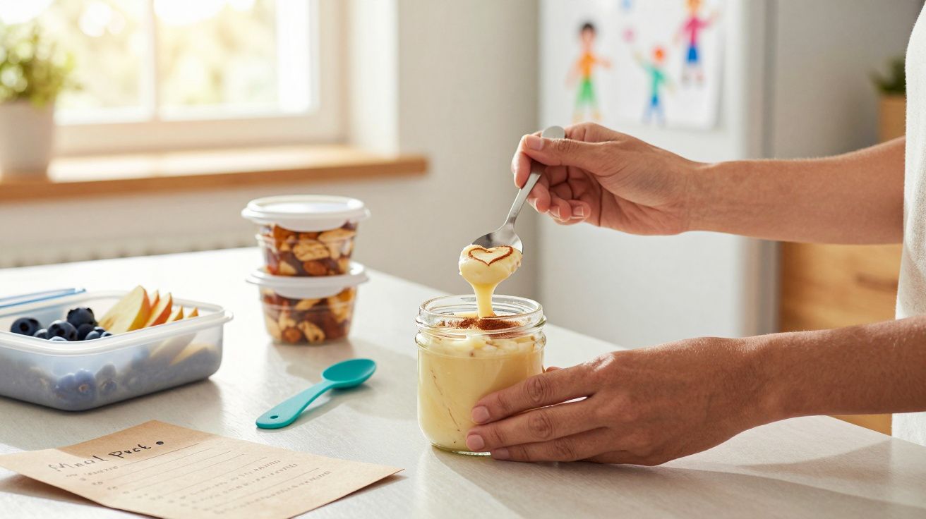 Pessoa servindo iogurte com mel num frasco, ao lado de lanches com fruta e frutos secos numa cozinha iluminada.