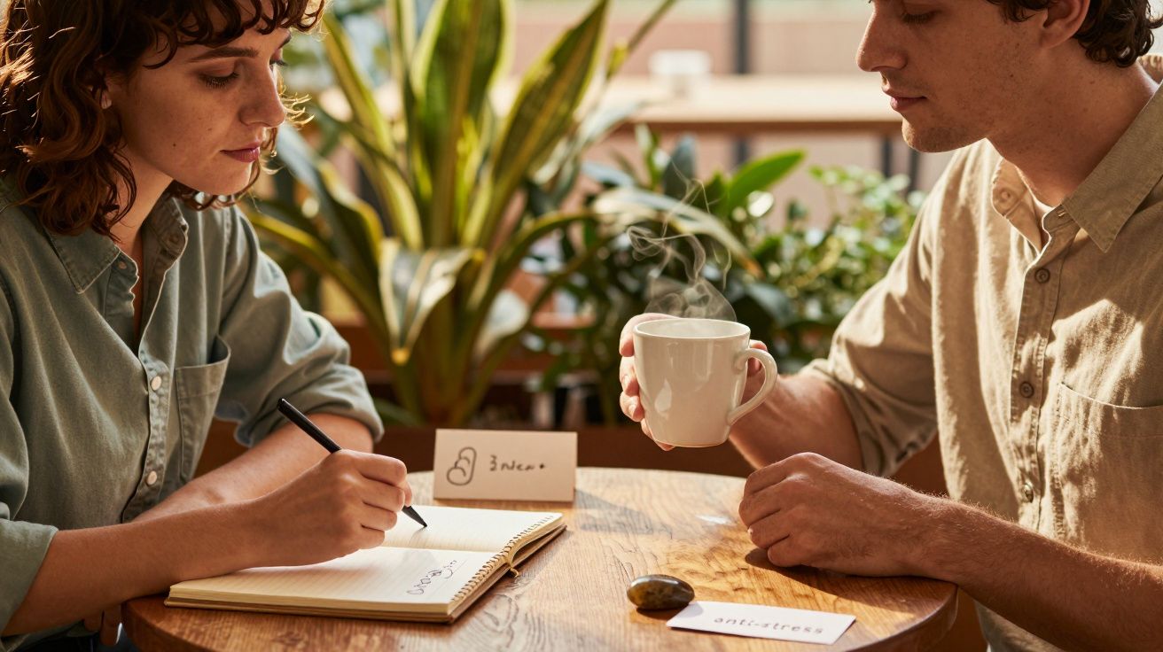 Mulher escreve em bloco de notas enquanto homem segura caneca, sentados em mesa com plantas ao fundo.