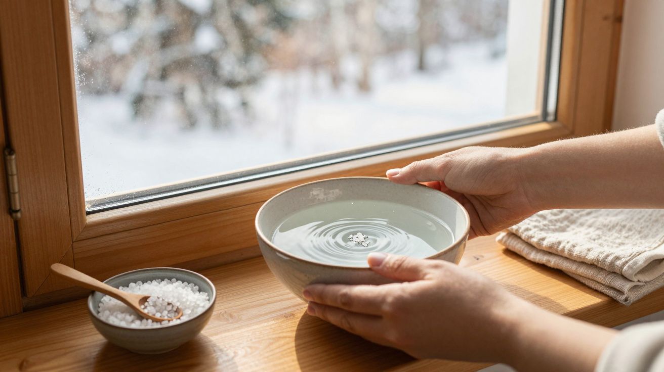 Mãos segurando uma tigela de água com uma flor sobre uma mesa de madeira, junto a uma janela com vista para a neve.