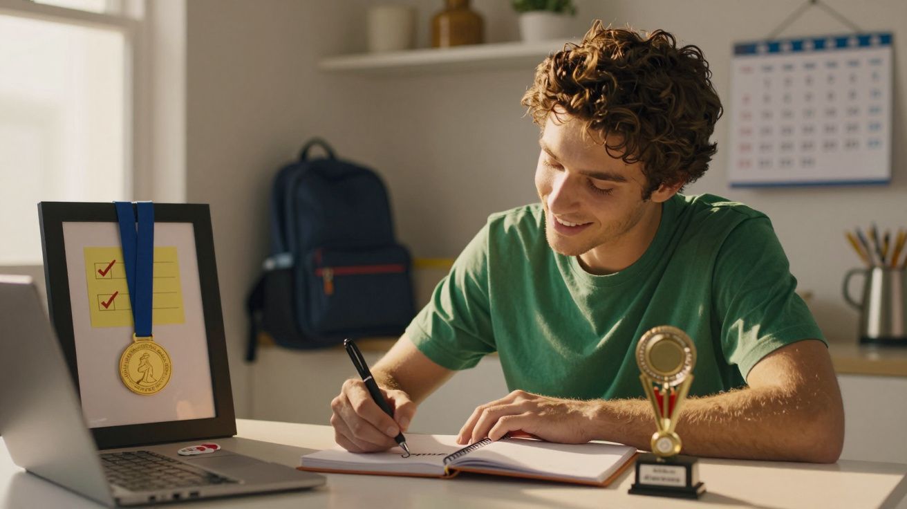 Jovem a sorrir, escreve num caderno ao lado de um troféu e um portátil com uma medalha. Fundo: mochila e calendário.