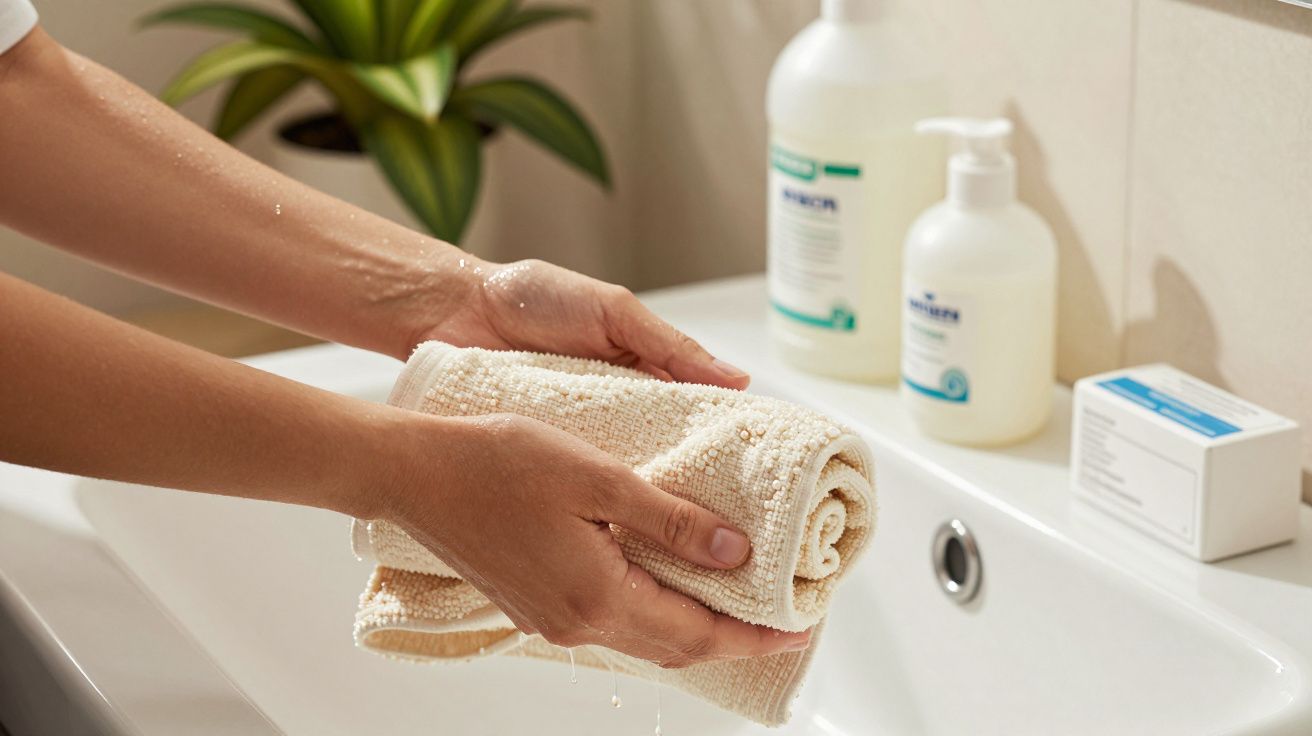 Mãos seguram toalha húmida sobre lavatório, com produtos de higiene ao fundo.