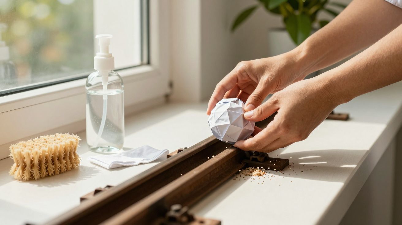Mãos limpando calha de janela com escova e bola de papel, frasco de álcool gel e toalha ao lado.
