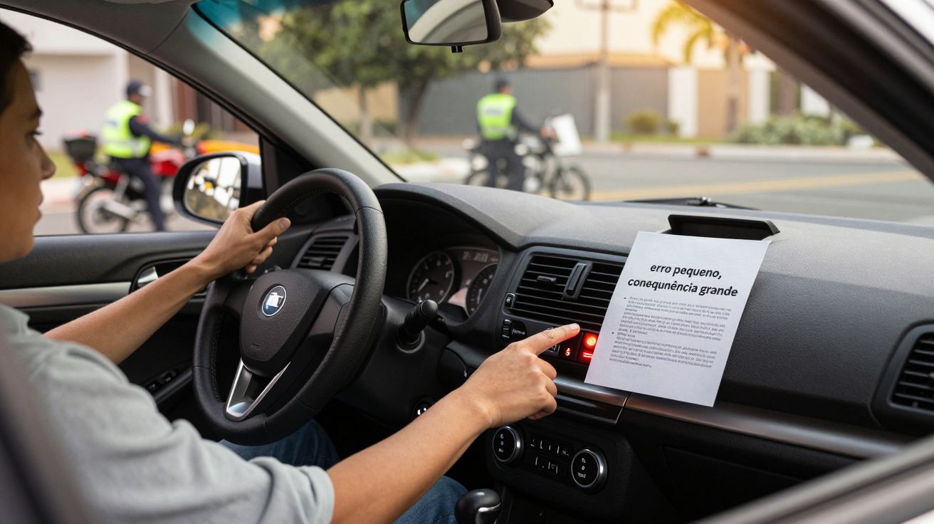 Pessoa dentro de carro lendo sinal com texto "erro pequeno, consequência grande", num painel de carro, com motociclistas ao f
