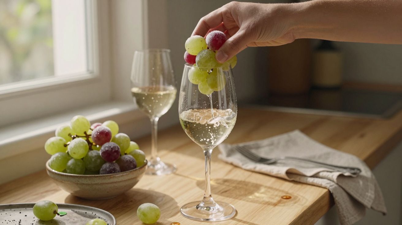 Mão segura uvas sobre copo de vinho em cozinha iluminada, ao lado de uma taça e tigela de uvas.