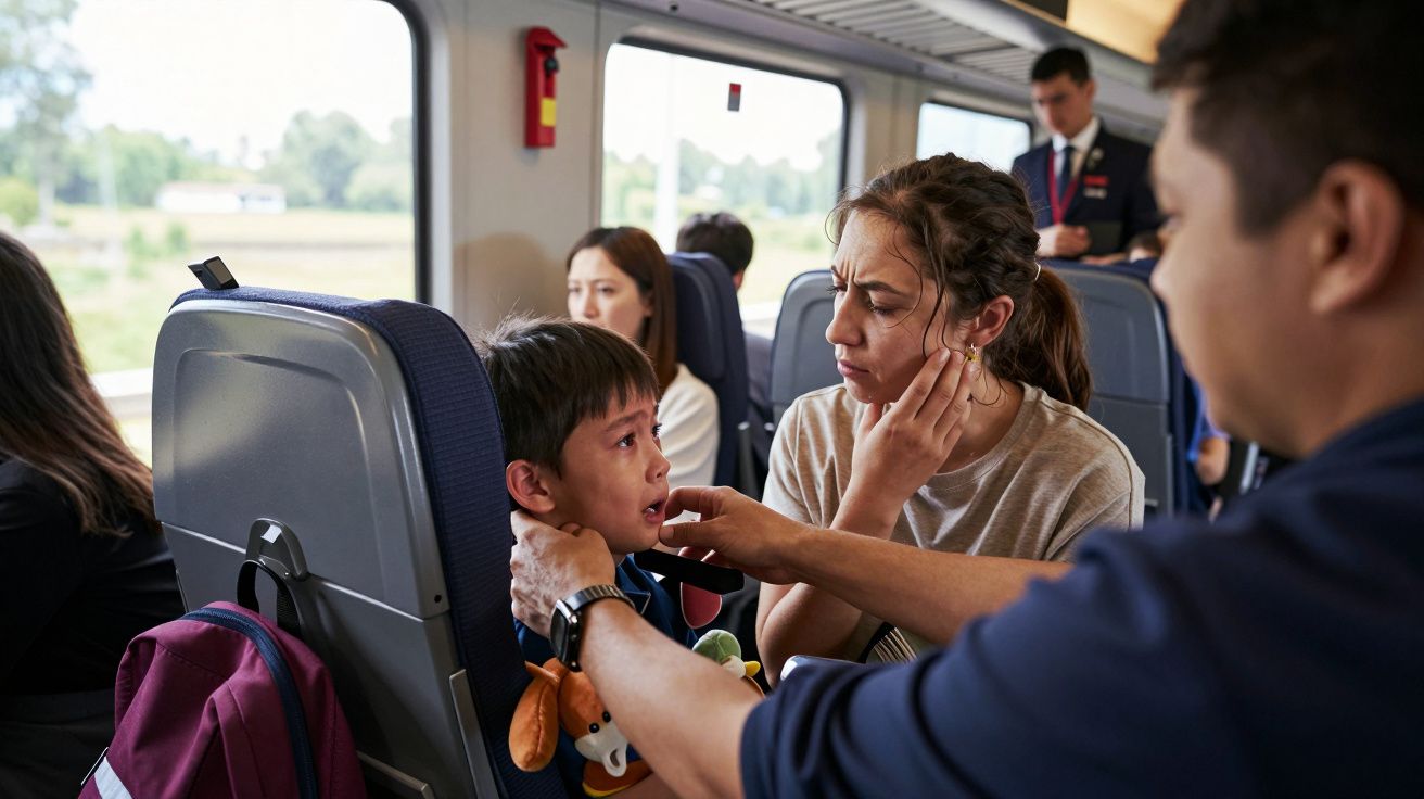 Adulto consola criança a chorar dentro de um comboio enquanto outros passageiros observam.