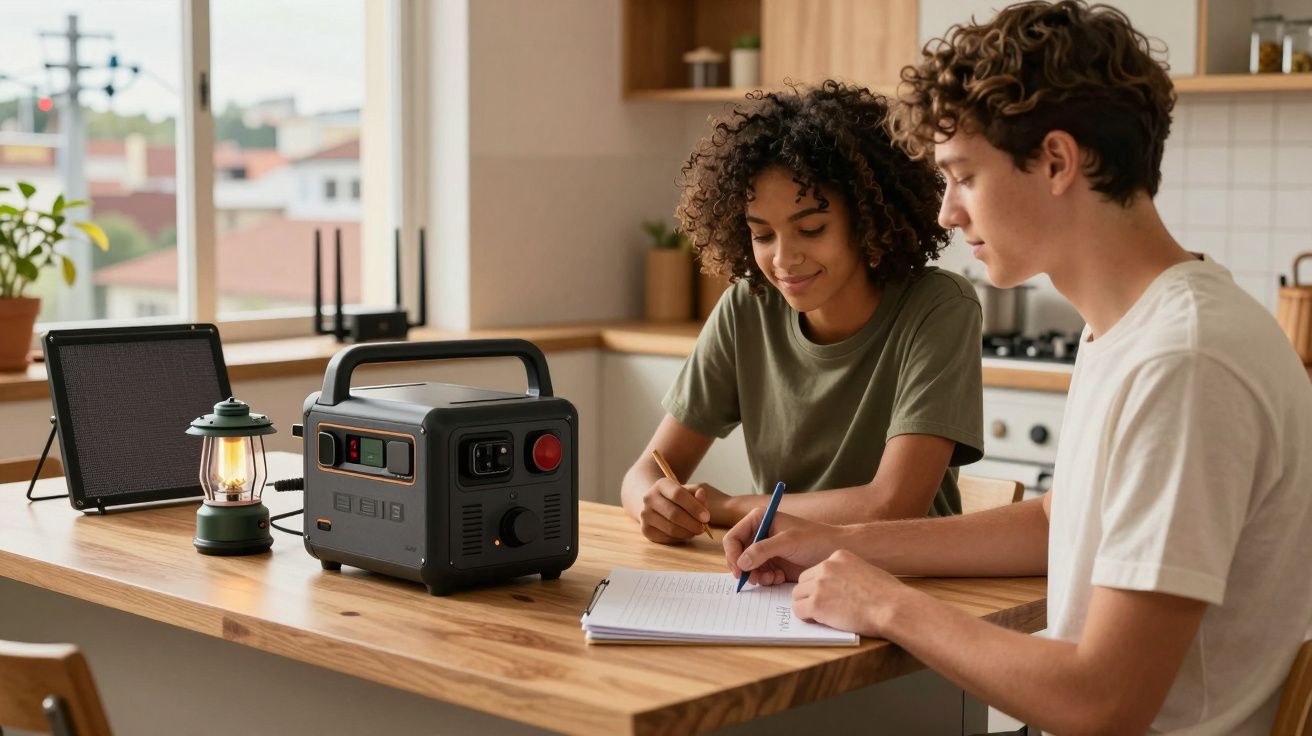 Dois jovens estudam numa cozinha com gerador portátil, lanterna e tablet.