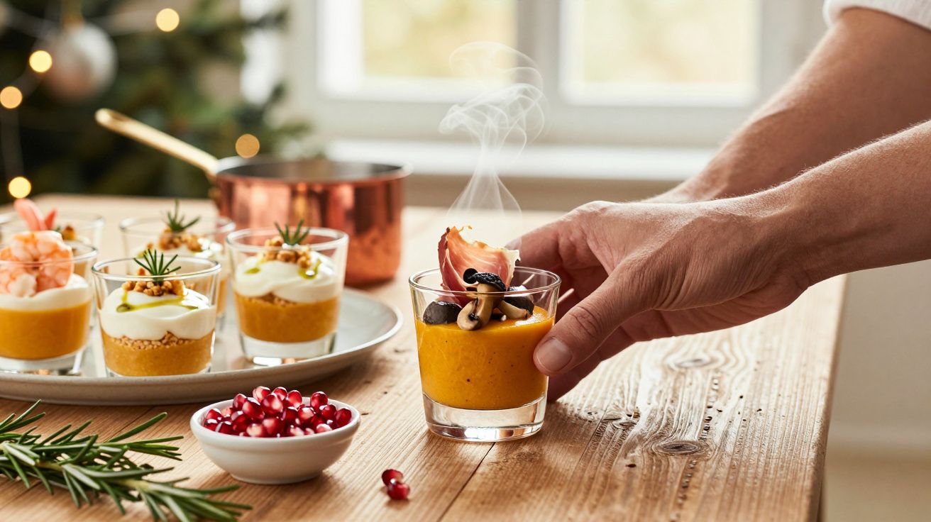 Mão segura copo com puré laranja e guarnição, mesa com pratos de aperitivos elegantes e romãs.