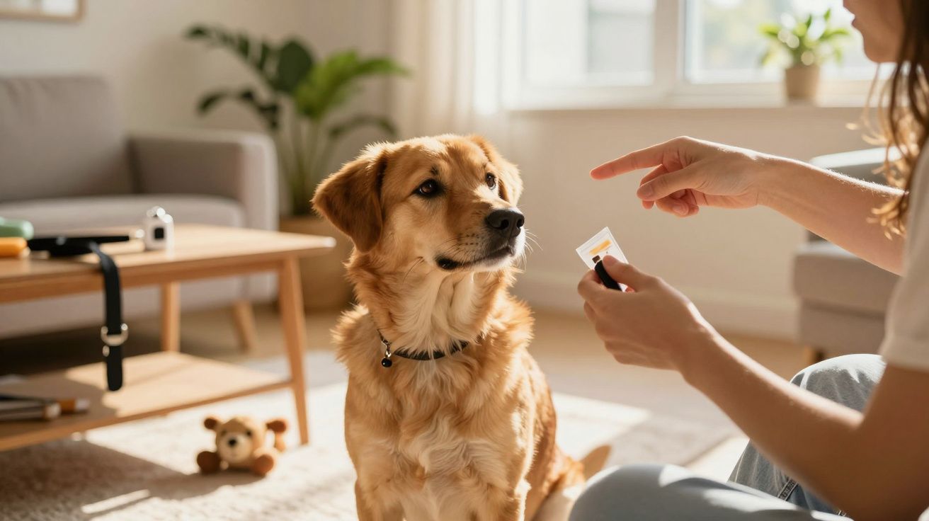 Pessoa a treinar um cão castanho claro numa sala iluminada, com brinquedos no chão e sofá ao fundo.