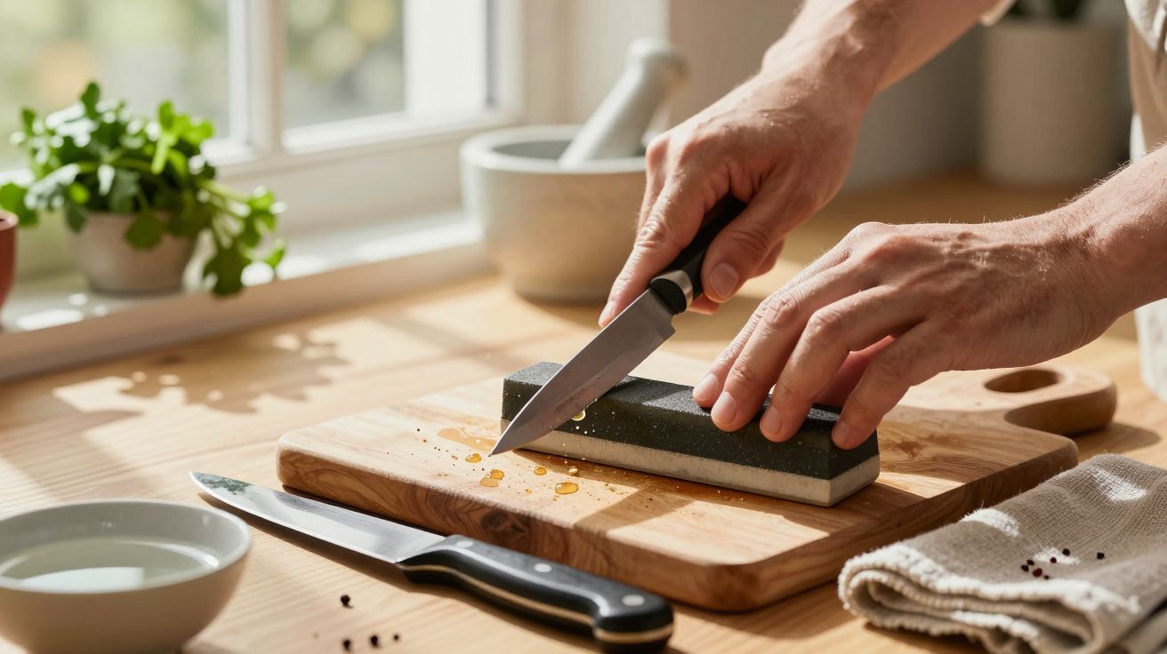 Mãos afiando faca em pedra de amolar sobre tábua na cozinha, com luz natural.