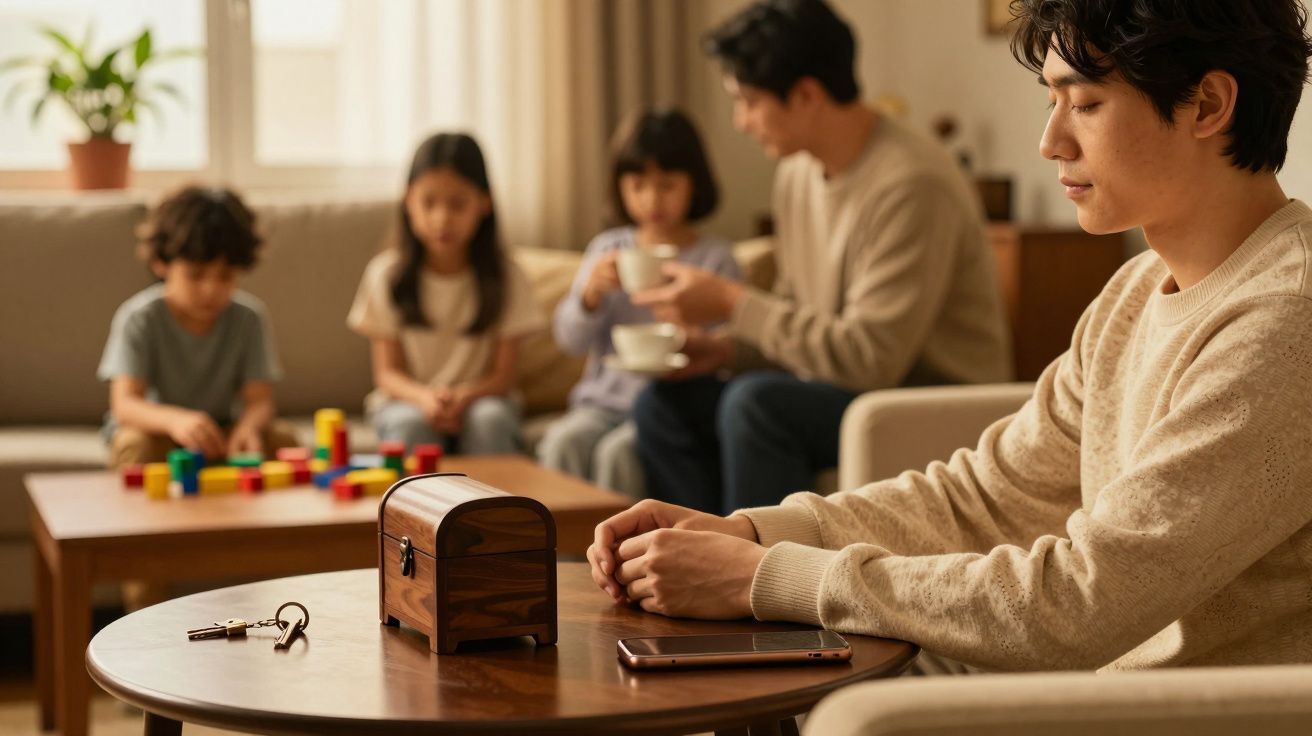 Homem sentado à mesa com cofre, crianças e adultos ao fundo numa sala de estar.