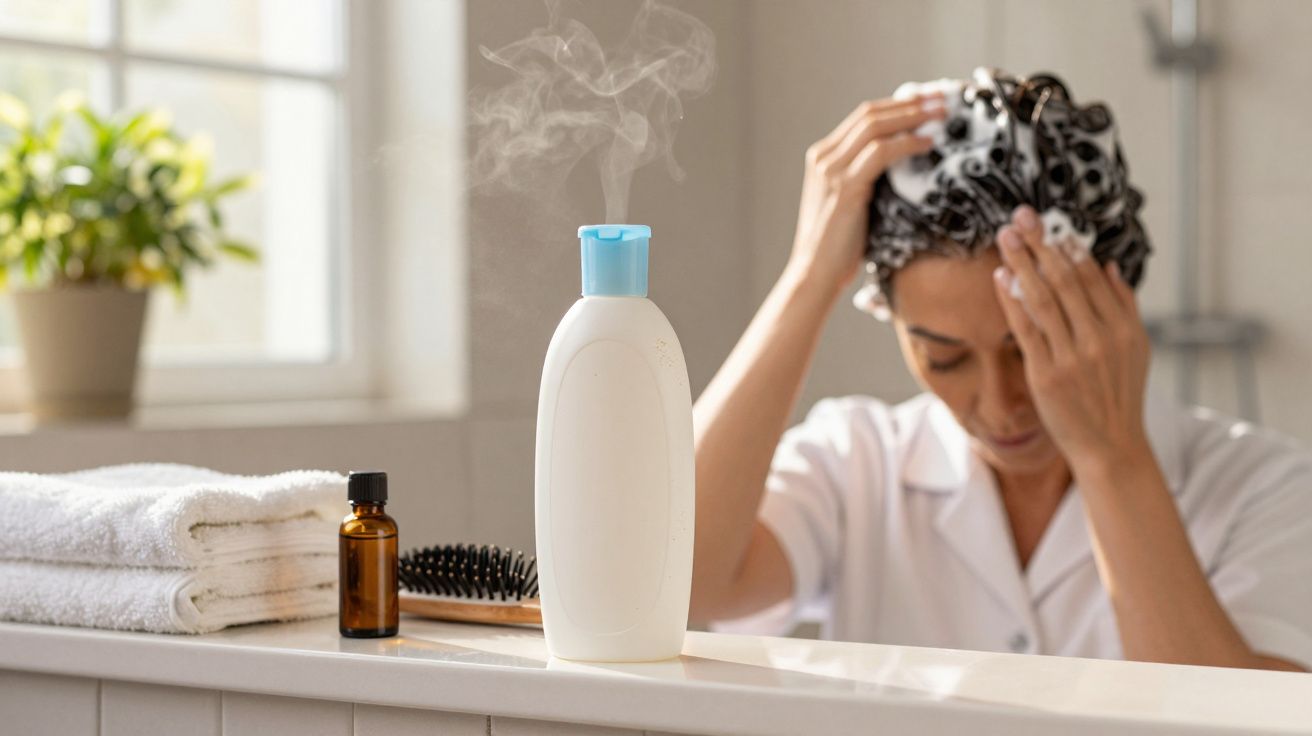 Mulher a lavar o cabelo com champô, junto a toalhas e produtos de cabelo numa casa de banho.