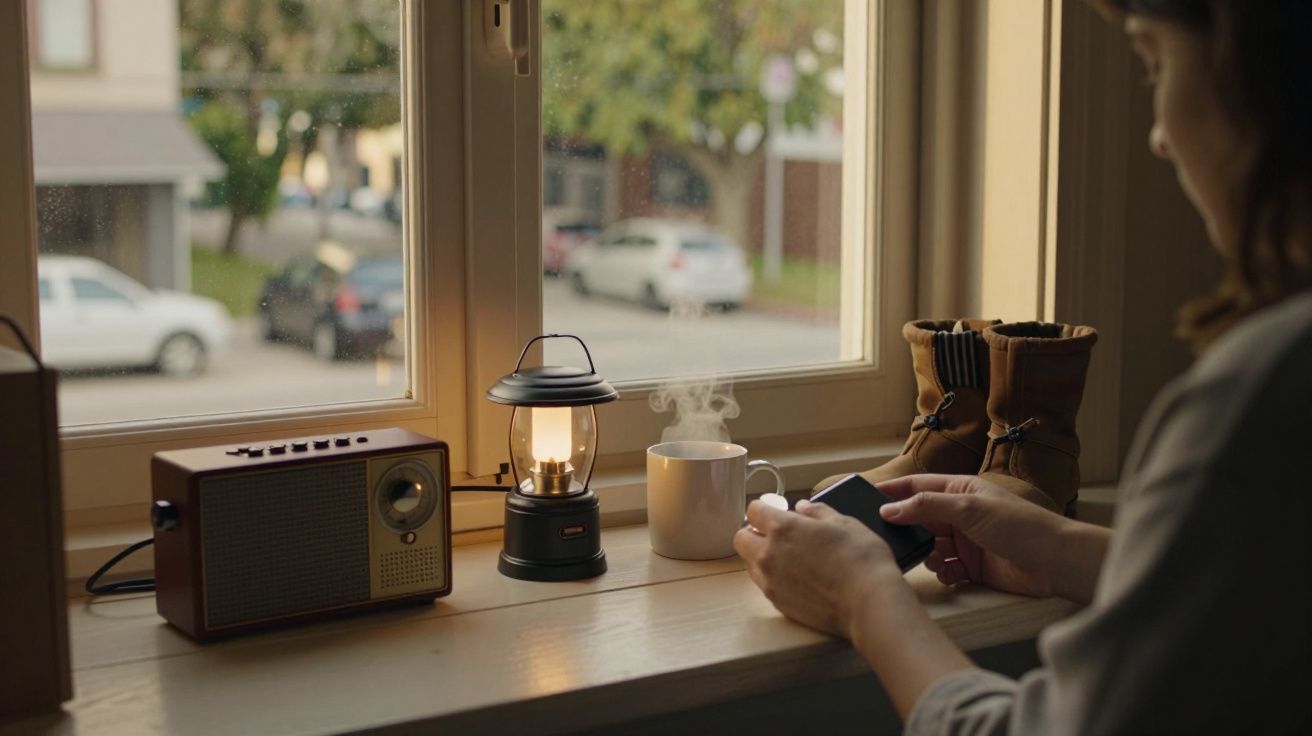 Pessoa junto à janela com rádio antigo, lanterna, caneca fumegante e botas.