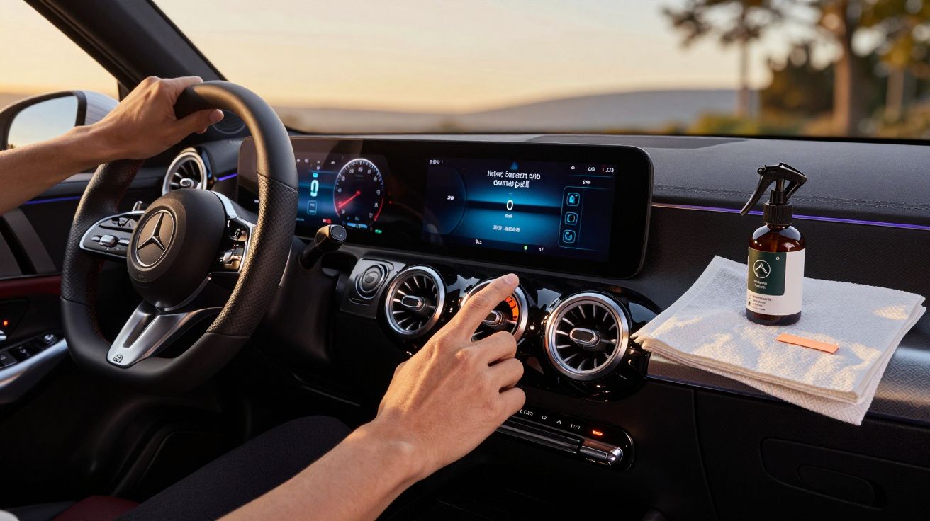 Pessoa a conduzir um carro Mercedes-Benz moderno, com display digital e ventilação sofisticada no painel de controlo.