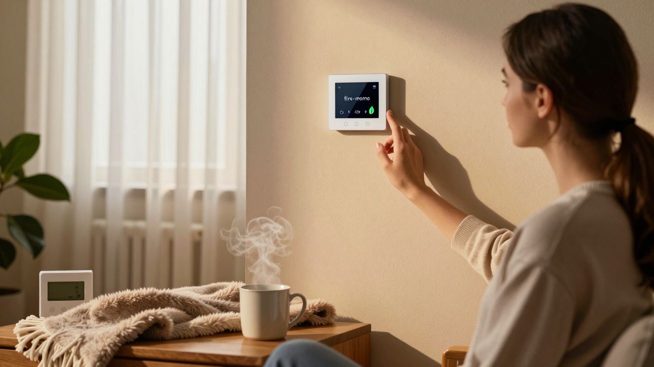 Mulher ajusta termóstato na parede de uma sala iluminada por luz natural, com caneca de bebida quente sobre a mesa.