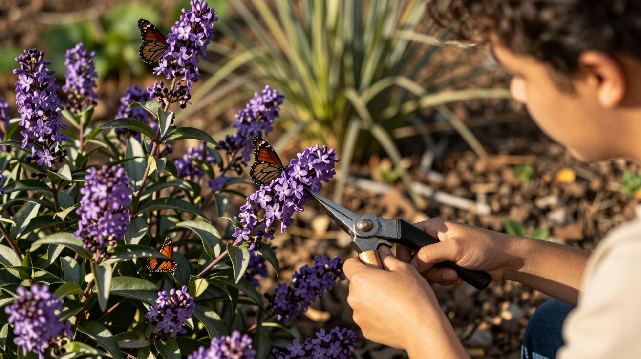 Pessoa a podar flores roxas no jardim com borboletas pousadas nas flores.