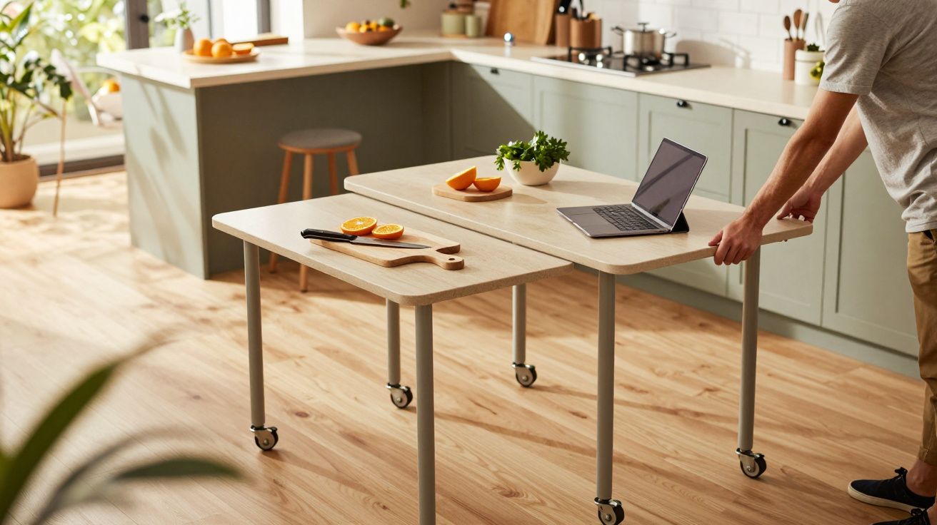 Cozinha moderna com ilha de madeira sobre rodas, laptop e laranjas fatiadas ao lado de plantas decorativas.