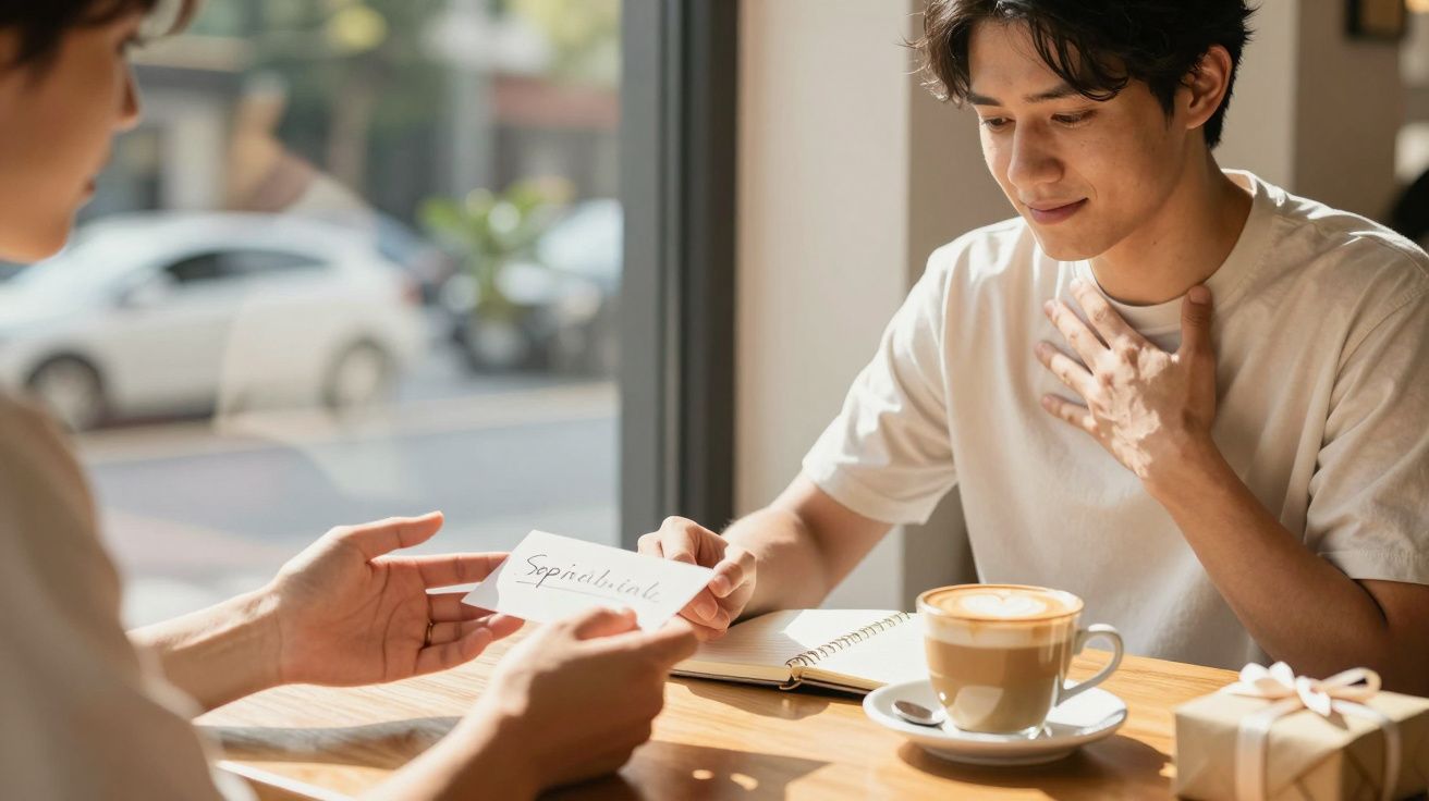 Dois homens conversam num café. Um segura uma folha com "Sepialabs" escrita. Há um caderno, café e presente na mesa.
